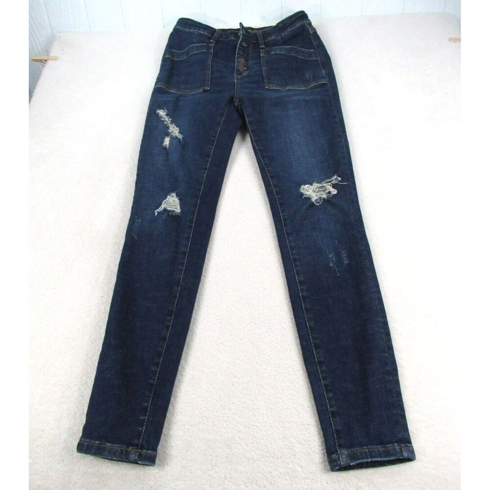 Judy Blue Women's 5/27 Skinny Fit Jeans Button Fly Stretch Distressed Blue